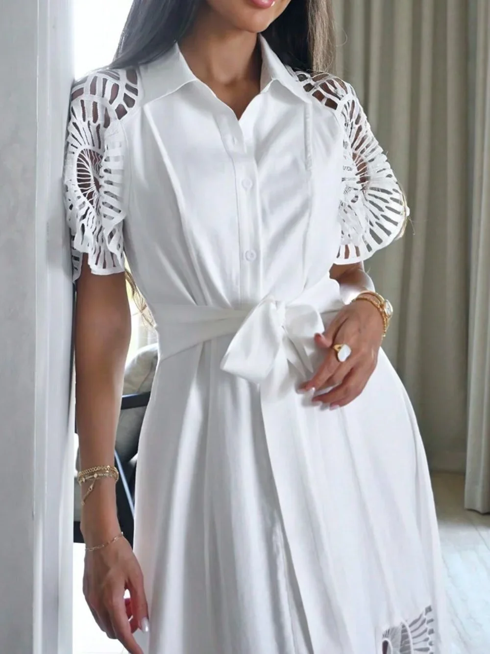 White Elegant Women's Puff Sleeve Single Breasted Hollow Splice Dress - Picture 4 of 5